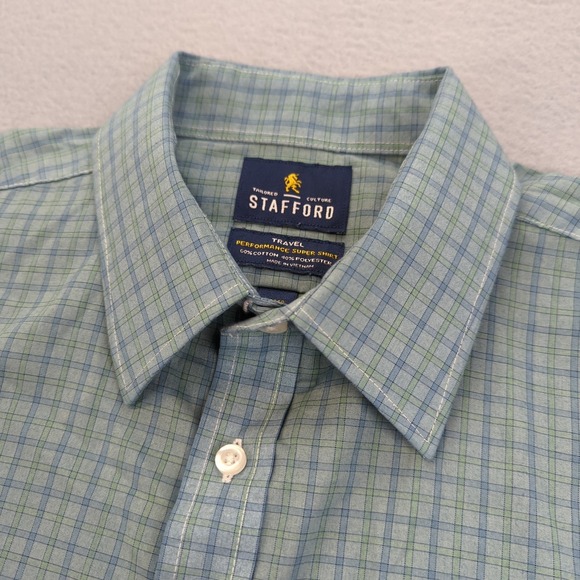 Stafford Other - Stafford Shirt Mens 16.5 Fitted‎ Blue Green Plaid Long Sleeve Performance Dress